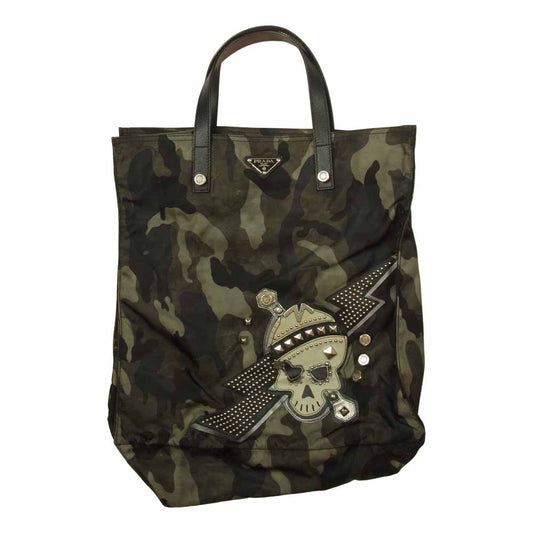 PRADA プラダ ポコノ カモフラ スタッズ スカル トートバッグ カーキ系【中古】