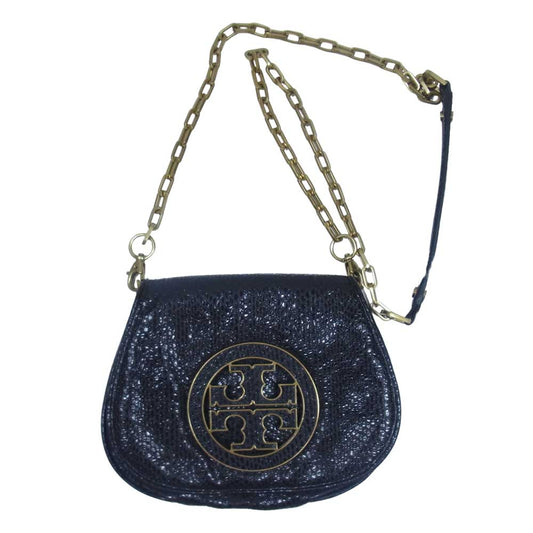 Tory Burch トリーバーチ チェーン フラップ ロゴ ショルダー バッグ ブラック系【中古】