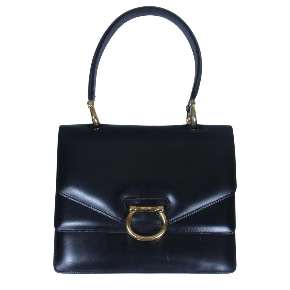 CELINE セリーヌ オールド レザー ダブル フラップ ハンド バッグ ブラック系【中古】