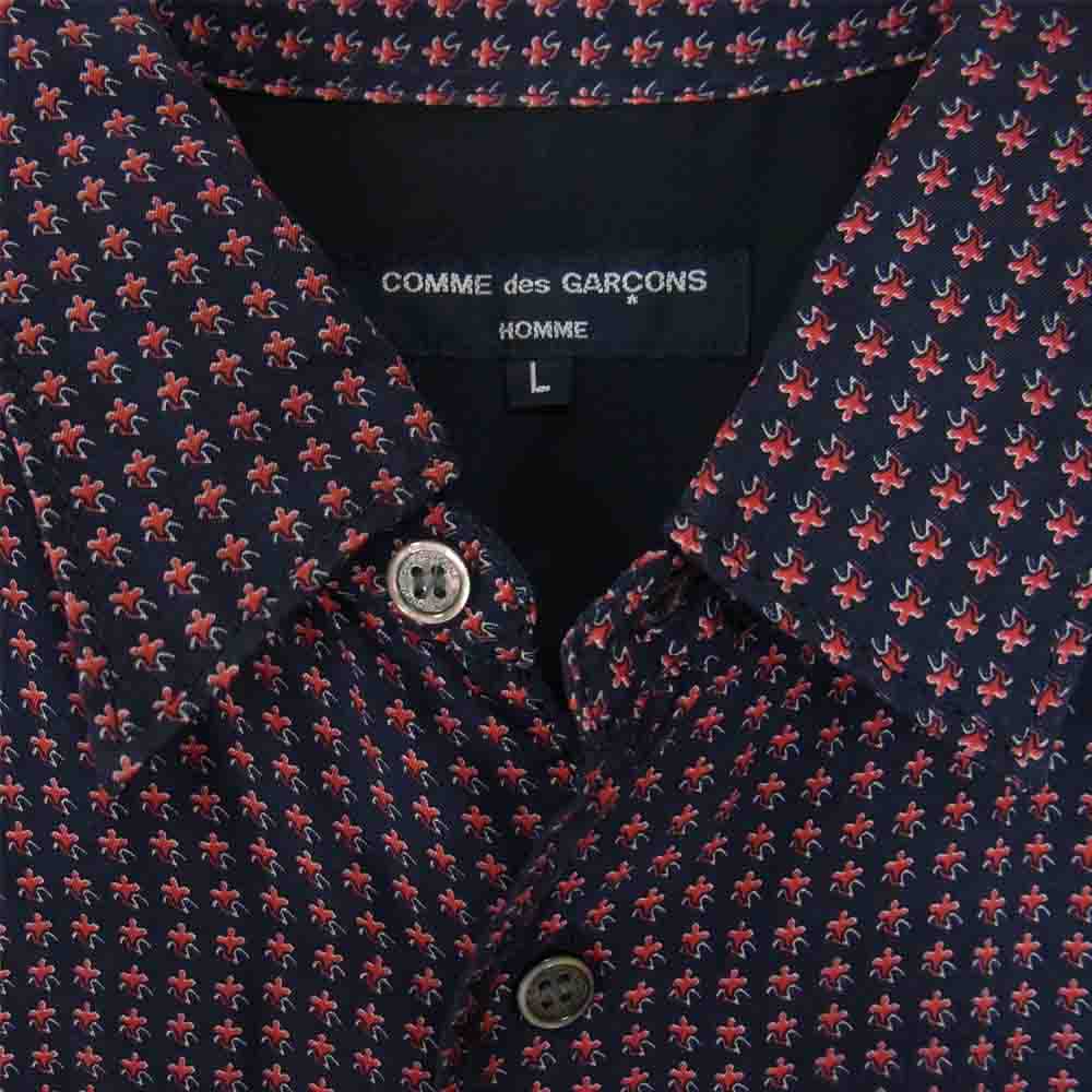 COMME des GARCONS コムデギャルソン HOMME HE-B003 AD2019 オム キュプラ レーヨン バックデザイン 小紋 切替 半袖 シャツ ネイビー系 L【美品】【中古】