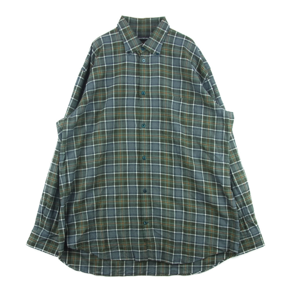 BALENCIAGA バレンシアガ ジャパンタグ 18AW 508465 TBM21 バックロゴ オーバーサイズ チェック 長袖 シャツ カーキ系 グレイッシュブルー系 40【中古】