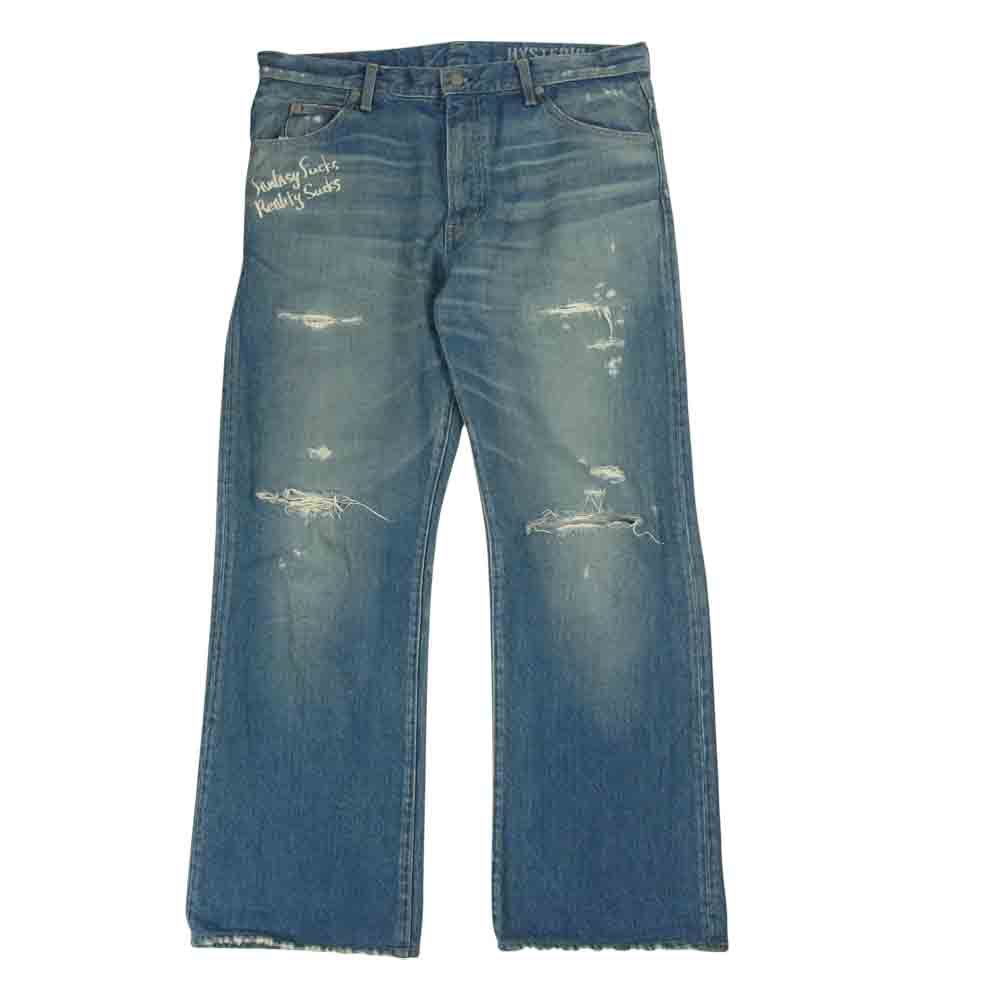 HYSTERIC GLAMOUR ヒステリックグラマー 02201AP17 野口強 別注 FANTASY FUCKS ブーツカット ダメージ デニム パンツ インディゴブルー系 34【中古】