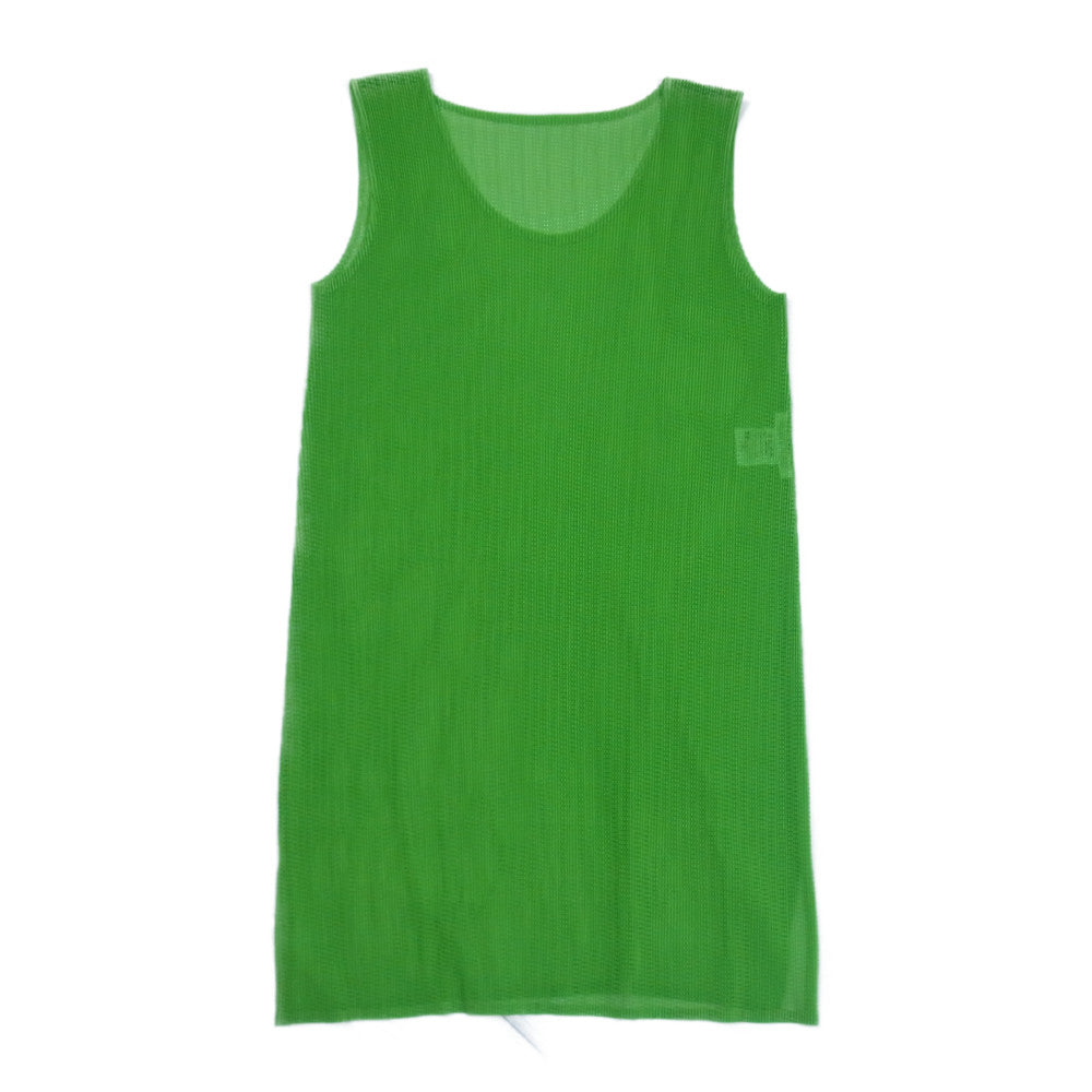 PLEATS PLEASE プリーツプリーズ イッセイミヤケ PP13-FT256 プリーツ加工 メッシュ ノースリーブ スリット ロング カットソー ライトグリーン系 3【美品】【中古】