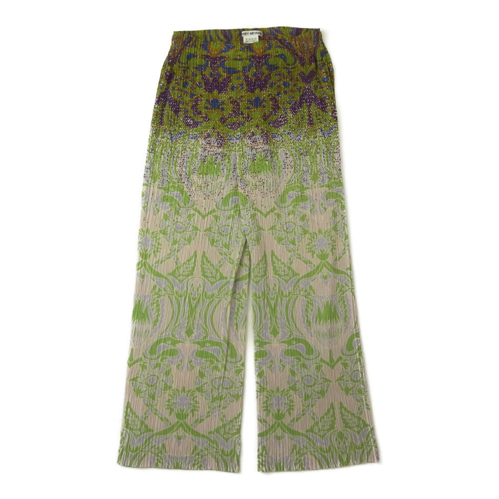 ISSEY MIYAKE イッセイミヤケ IM01FF202 プリーツ加工 ボタニカル総柄 グラデーション パンツ  グリーン系 2【美品】【中古】