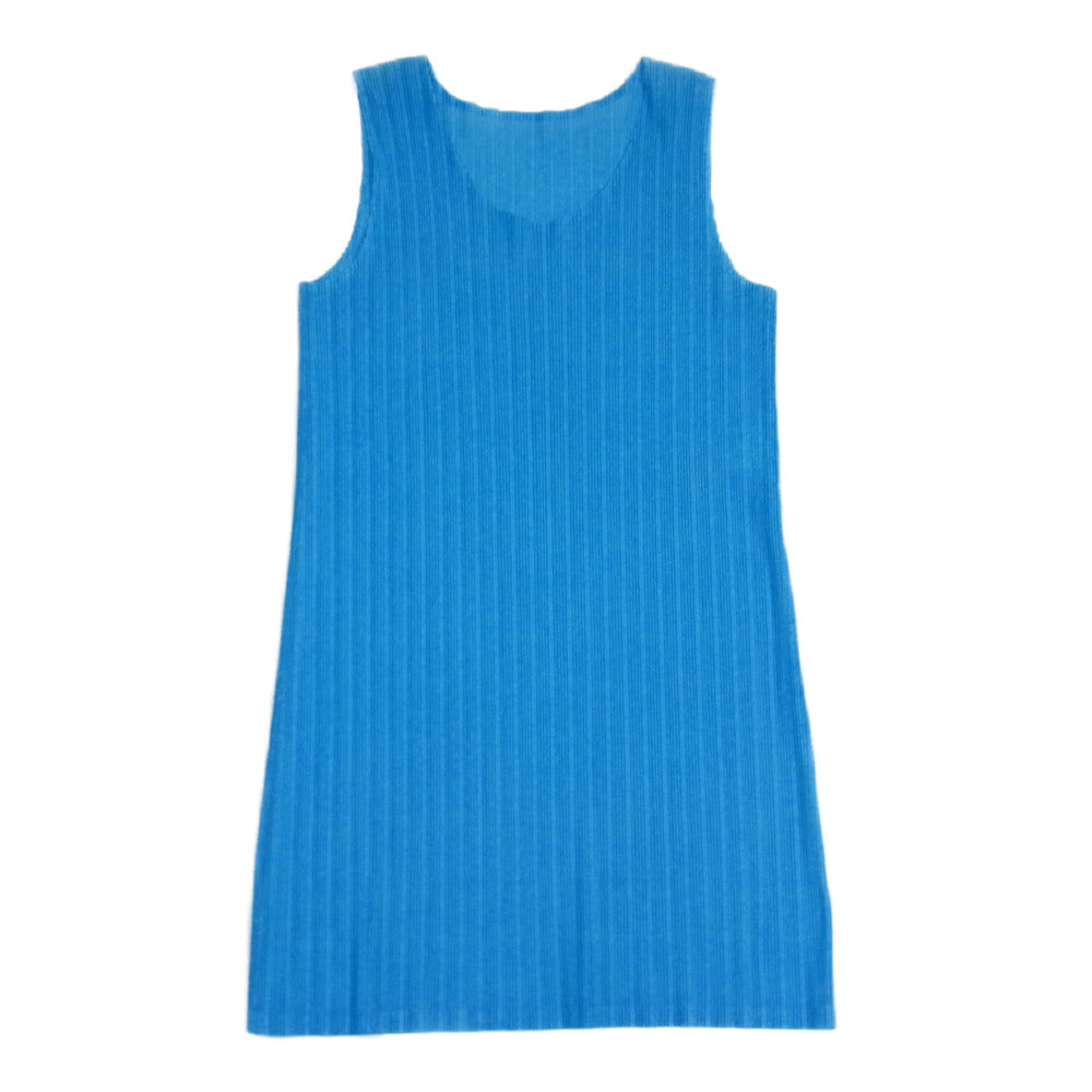 PLEATS PLEASE プリーツプリーズ イッセイミヤケ PP03-FT374 プリーツ加工 幅違いプリーツ ムラ染め柄転写 ノースリーブ ロング カットソー ライトブルー系 3【美品】【中古】