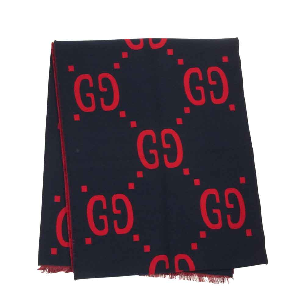 GUCCI グッチ GGジャカード ウールシルク スカーフ マフラー レッド系【美品】【中古】