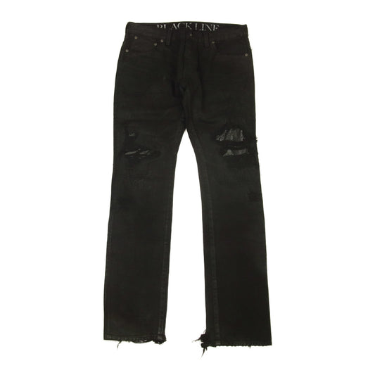 ブラックライン KOJI OKAMOTO レザー リペア クラッシュ加工 コーティング ブラック デニム パンツ ブラック系 48【新古品】【未使用】【中古】