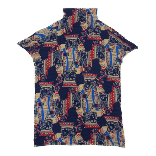 ISSEY MIYAKE イッセイミヤケ PLEATS(T.) PP68-FK913 ボックスプリーツ加工 トランプ キング 総柄 ボトルネック カットソー マルチカラー系 3【美品】【中古】