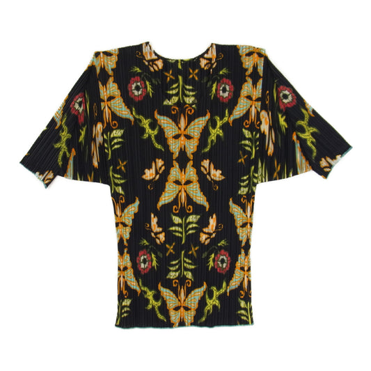 PLEATS PLEASE プリーツプリーズ イッセイミヤケ PP92-JK024 プリーツ加工 バタフライ 総柄 カットソー 半袖 ブラック系 3【美品】【中古】