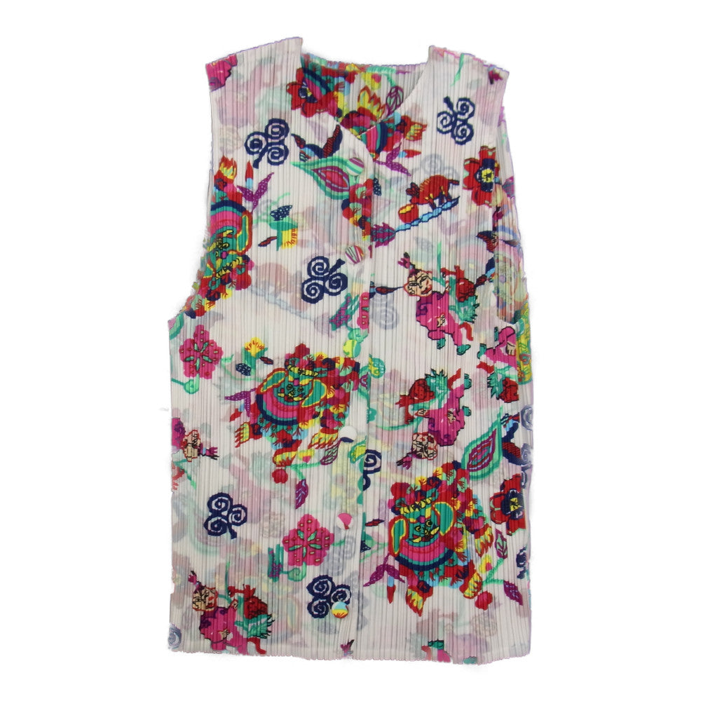 PLEATS PLEASE プリーツプリーズ イッセイミヤケ PP81-JE550 プリーツ加工 チャイナ 中国 総柄 ノースリーブブラウス ベスト ホワイト ホワイト系 3【美品】【中古】