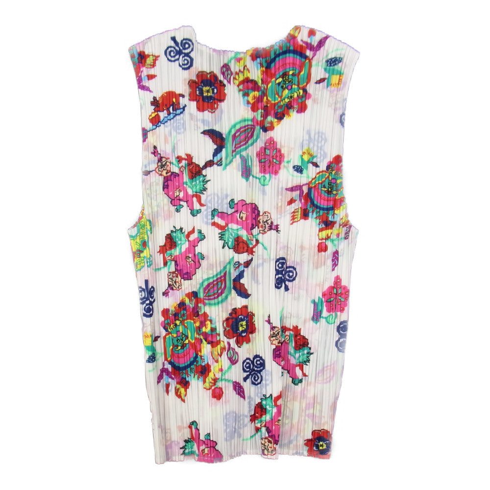 PLEATS PLEASE プリーツプリーズ イッセイミヤケ PP81-JE550 プリーツ加工 チャイナ 中国 総柄 ノースリーブブラウス ベスト ホワイト ホワイト系 3【美品】【中古】