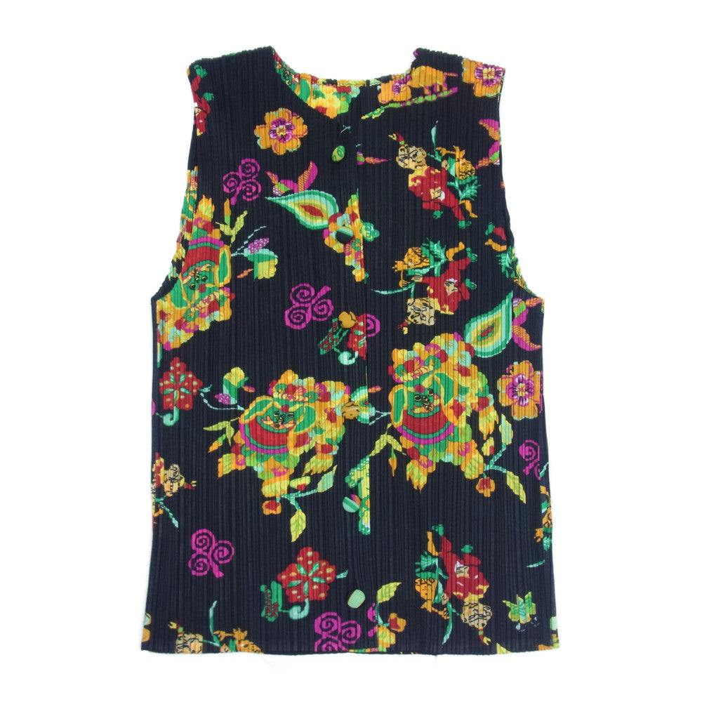 PLEATS PLEASE プリーツプリーズ イッセイミヤケ PP81-JE550 プリーツ加工 チャイナ 中国 総柄 ノースリーブブラウス ベスト ブラック系 3【美品】【中古】