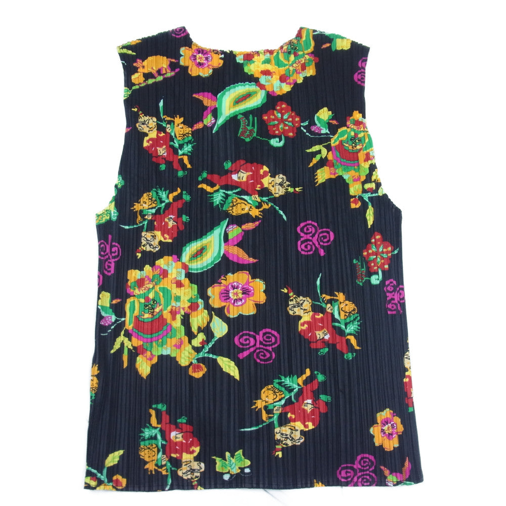 PLEATS PLEASE プリーツプリーズ イッセイミヤケ PP81-JE550 プリーツ加工 チャイナ 中国 総柄 ノースリーブブラウス ベスト ブラック系 3【美品】【中古】