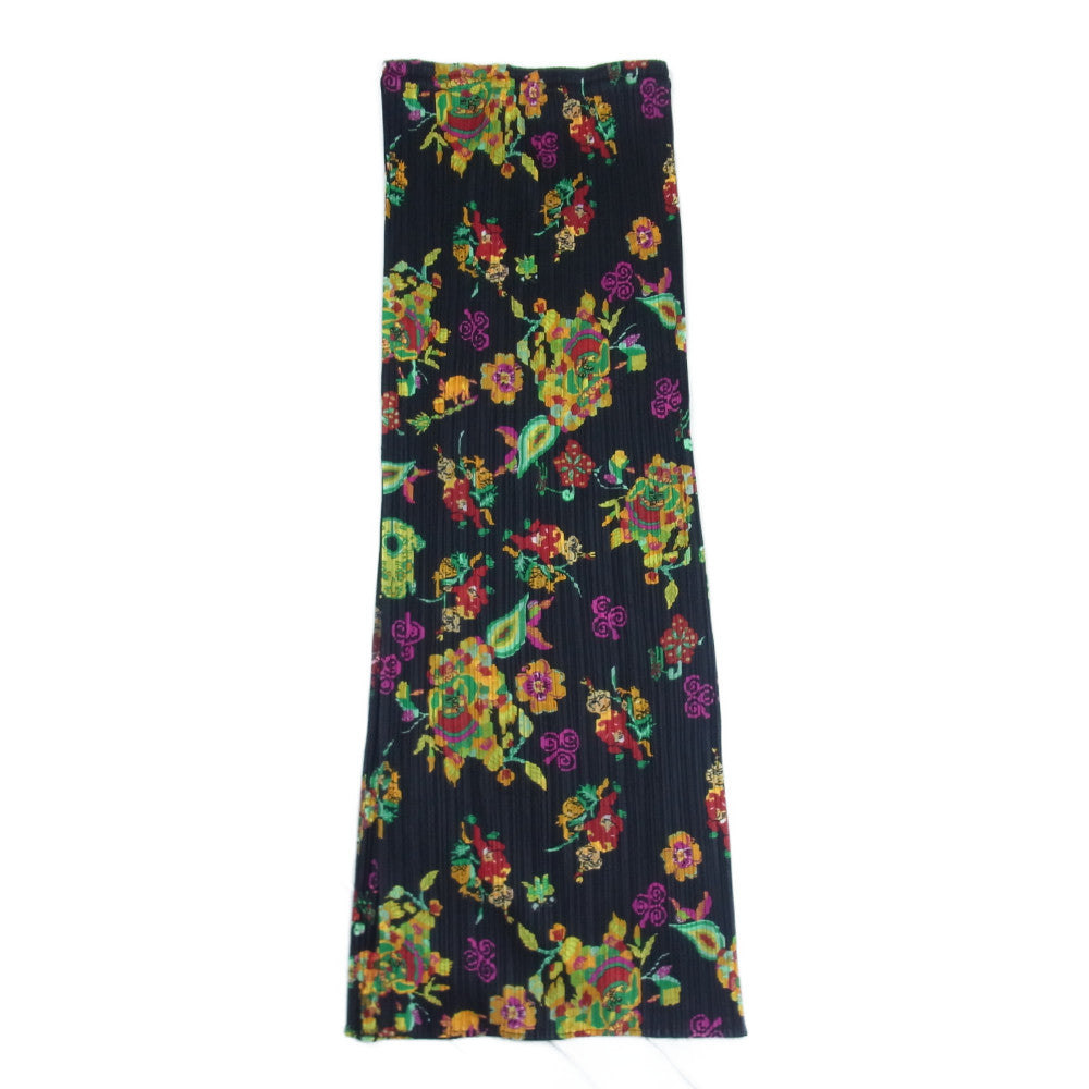 PLEATS PLEASE プリーツプリーズ イッセイミヤケ PP81-JG513 プリーツ加工 チャイナ 中国 総柄 サイド スリット ロング スカート ブラック系 3【美品】【中古】