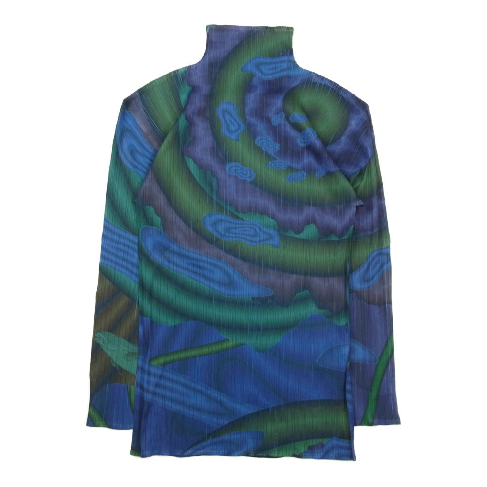 PLEATS PLEASE プリーツプリーズ イッセイミヤケ PP54-JK204 プリーツ加工 転写 プリント 総柄 ボトルネック ロングカットソー 長袖 ブルー ブルー系 F【美品】【中古】