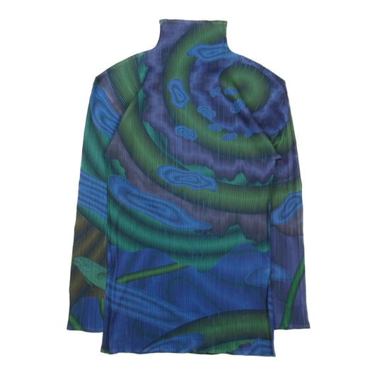 PLEATS PLEASE プリーツプリーズ イッセイミヤケ PP54-JK204 プリーツ加工 転写 プリント 総柄 ボトルネック ロングカットソー 長袖 ブルー ブルー系 F【美品】【中古】