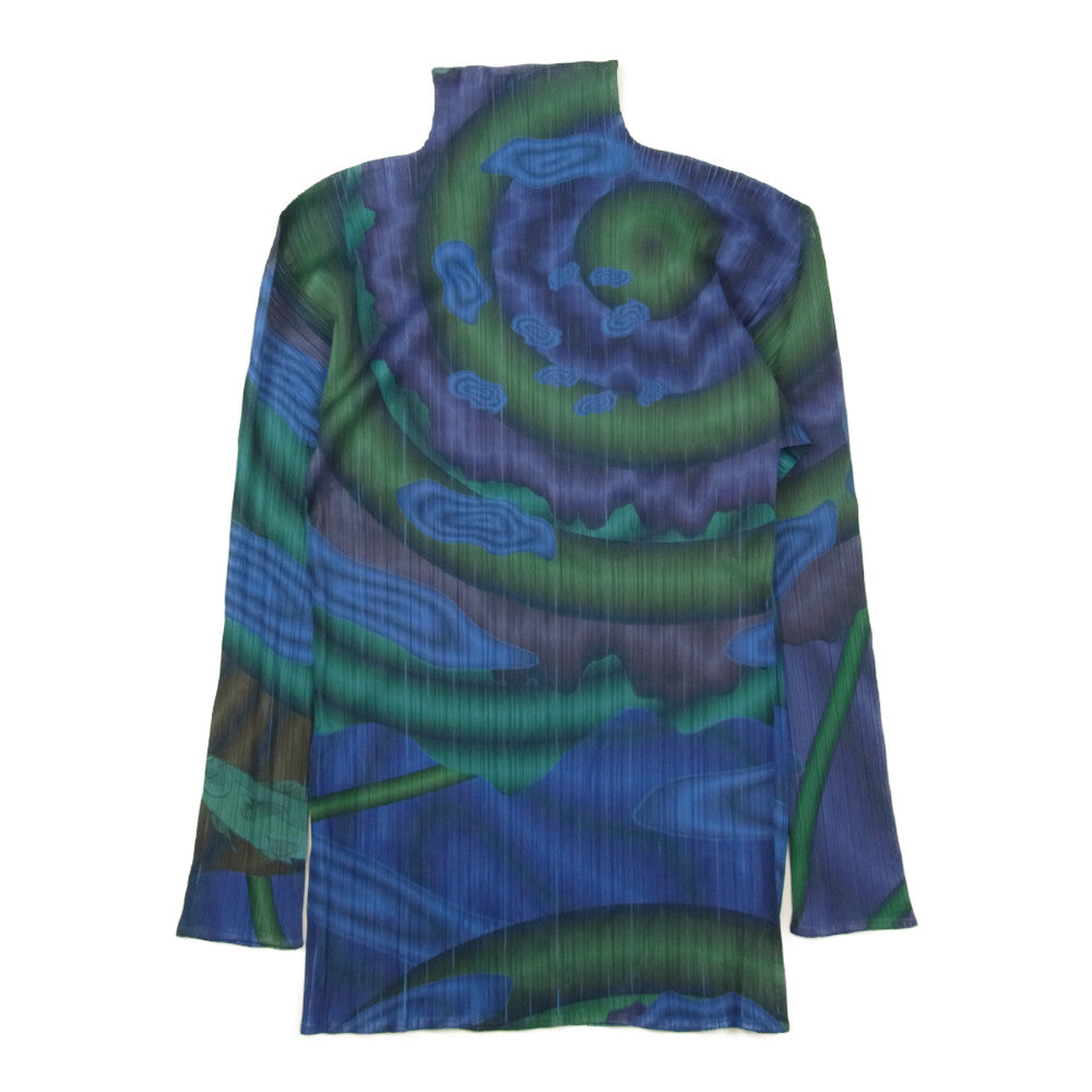 PLEATS PLEASE プリーツプリーズ イッセイミヤケ PP54-JK204 プリーツ加工 転写 プリント 総柄 ボトルネック ロングカットソー 長袖 ブルー ブルー系 F【美品】【中古】