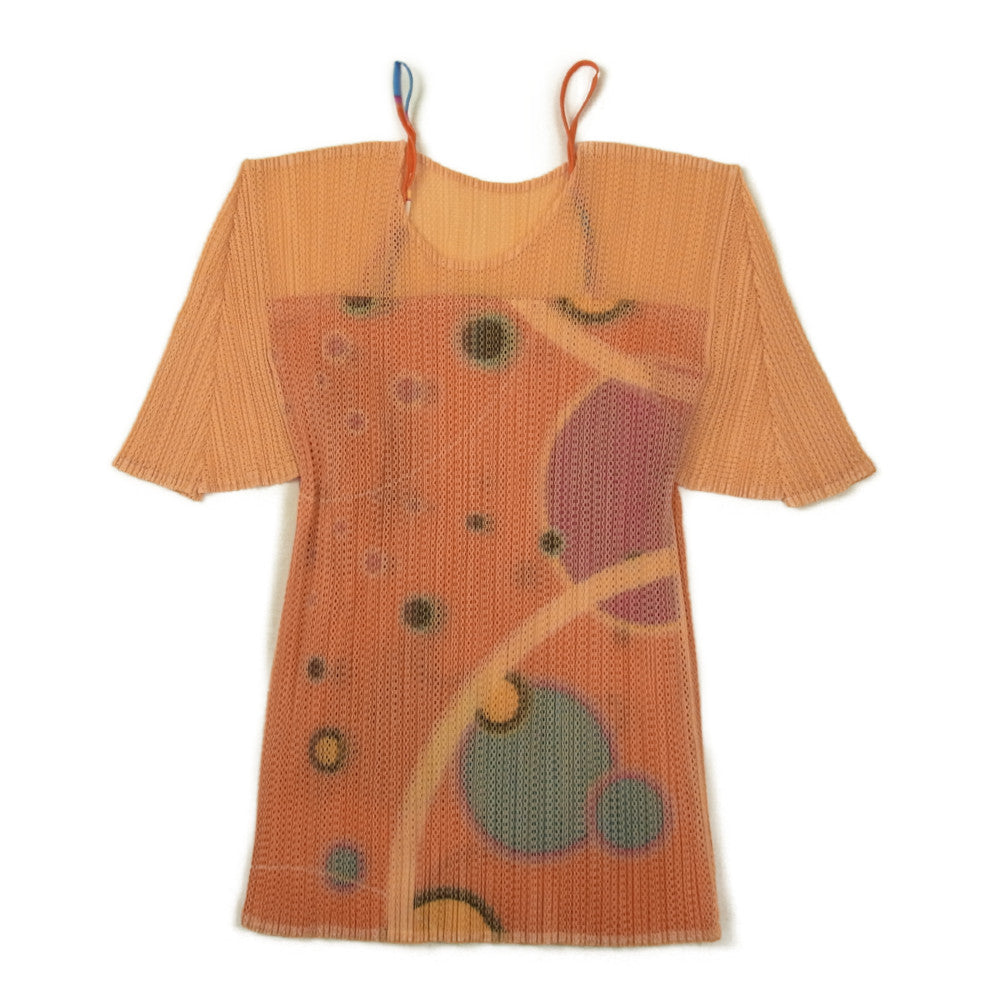 PLEATS PLEASE プリーツプリーズ イッセイミヤケ PP12-JK324 プリーズ加工 転写プリント キャミソール ドッキング メッシュ カットソー オレンジ系 3【美品】【中古】