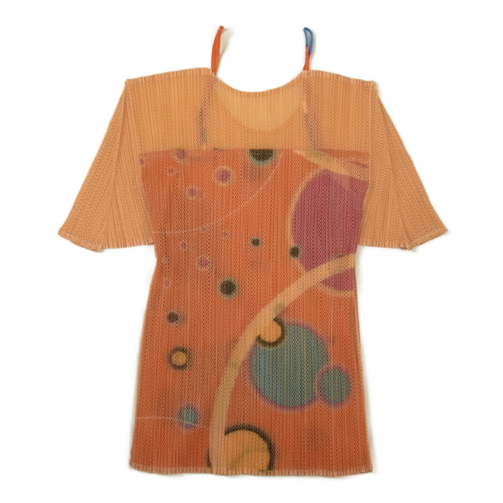 PLEATS PLEASE プリーツプリーズ イッセイミヤケ PP12-JK324 プリーズ加工 転写プリント キャミソール ドッキング メッシュ カットソー オレンジ系 3【美品】【中古】