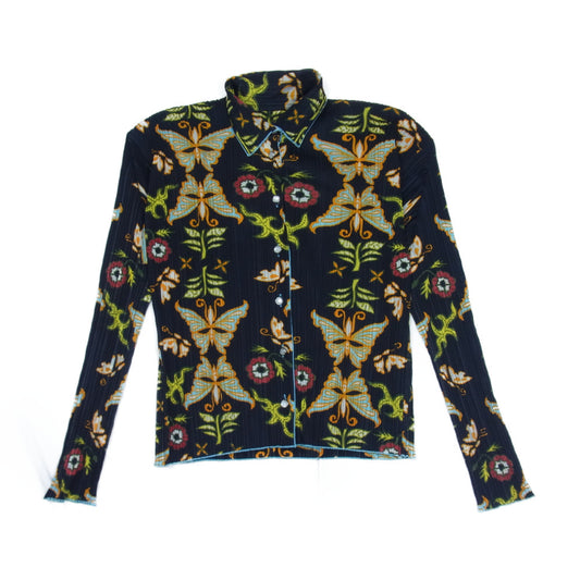 PLEATS PLEASE プリーツプリーズ イッセイミヤケ PP92-JK025 プリーツ加工 バタフライ 総柄 シャツ ブラウス 長袖 ダークネイビー系 3【美品】【中古】