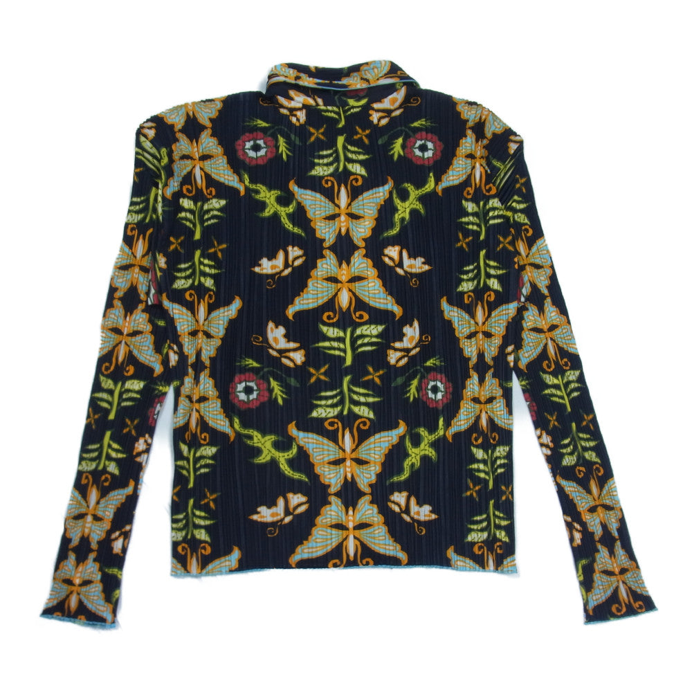 PLEATS PLEASE プリーツプリーズ イッセイミヤケ PP92-JK025 プリーツ加工 バタフライ 総柄 シャツ ブラウス 長袖 ダークネイビー系 3【美品】【中古】