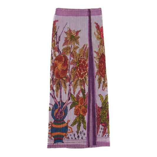 PLEATS PLEASE プリーツプリーズ イッセイミヤケ PP84-JK572 プリーツ加工 フラワー 花瓶 転写プリント サイドスリット ロング スカート パープル系 3【美品】【中古】