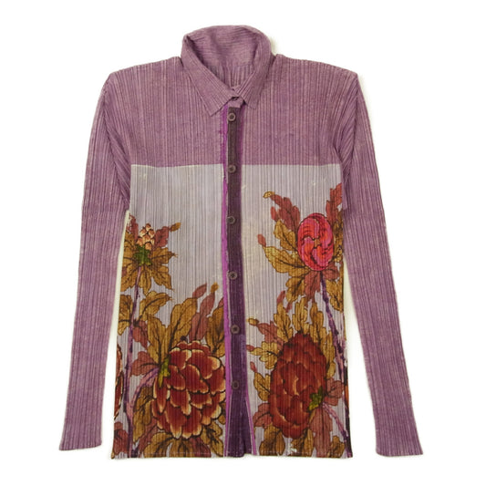 PLEATS PLEASE プリーツプリーズ イッセイミヤケ PP84-JK583 プリーツ加工 花柄 フラワー シャツ カットソー ラベンダー パープル系 3【美品】【中古】