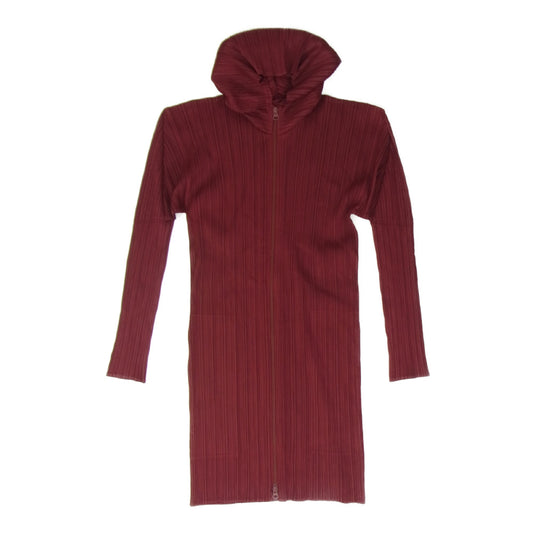 PLEATS PLEASE プリーツプリーズ イッセイミヤケ PP74-JD368 プリーツ加工 フード付き ジップ ワンピース パーカー 長袖  エンジ系 3【美品】【中古】