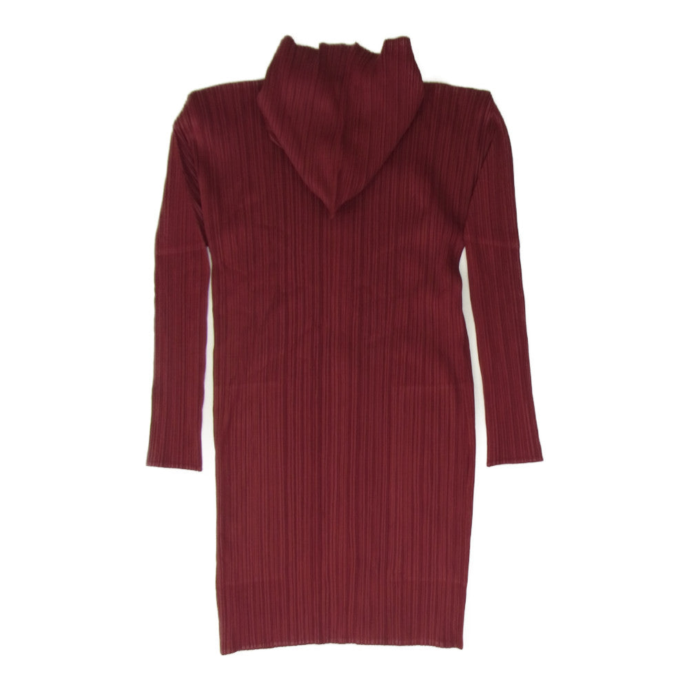 PLEATS PLEASE プリーツプリーズ イッセイミヤケ PP74-JD368 プリーツ加工 フード付き ジップ ワンピース パーカー 長袖  エンジ系 3【美品】【中古】