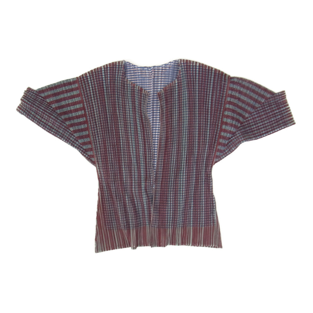 PLEATS PLEASE プリーツプリーズ イッセイミヤケ PP14-JO162 プリーツ加工 メッシュ レイヤード クレイジーパターン ストライプ カーディガン マルチカラー系 3【美品】【中古】