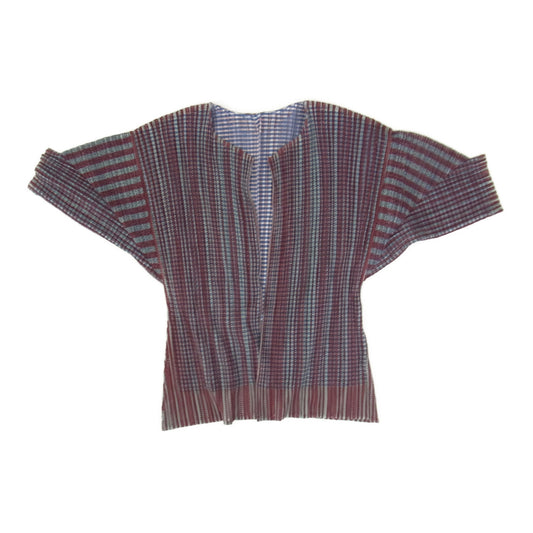 PLEATS PLEASE プリーツプリーズ イッセイミヤケ PP14-JO162 プリーツ加工 メッシュ レイヤード クレイジーパターン ストライプ カーディガン マルチカラー系 3【美品】【中古】