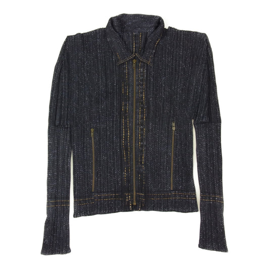 PLEATS PLEASE プリーツプリーズ イッセイミヤケ PP94-JD643 プリーツ加工 デニム プリント 転写 ジップ ジャケット ネイビー系 3【美品】【中古】