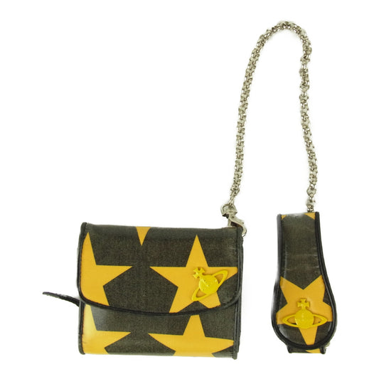 Vivienne Westwood ヴィヴィアンウエストウッド ウォレットチェーン付 二つ折り財布 コンパクトウォレット ブラック系 イエロー系【中古】