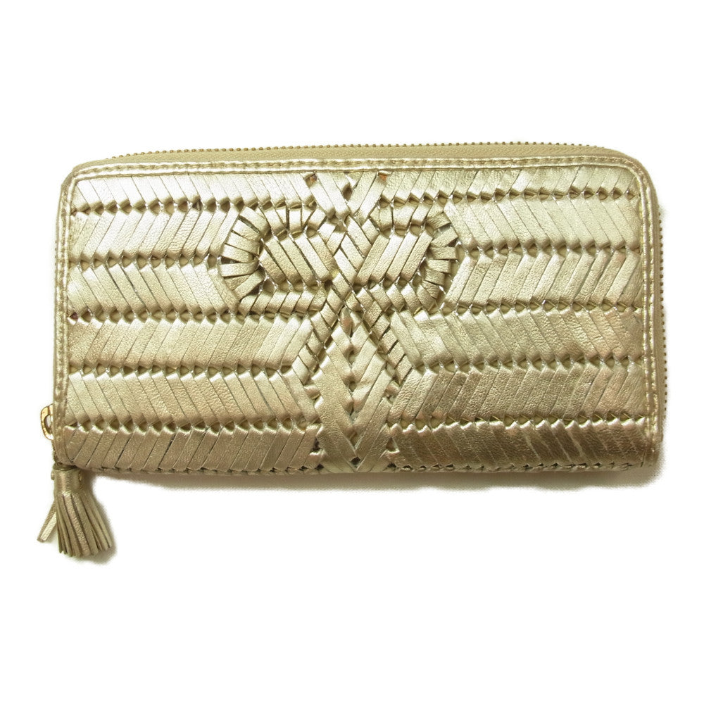 Anya Hindmarch アニヤ・ハインドマーチ Neeson Purse Gold リボン レザー ロング ウォレット ラウンドファスナー 長財布 ゴールド系【中古】