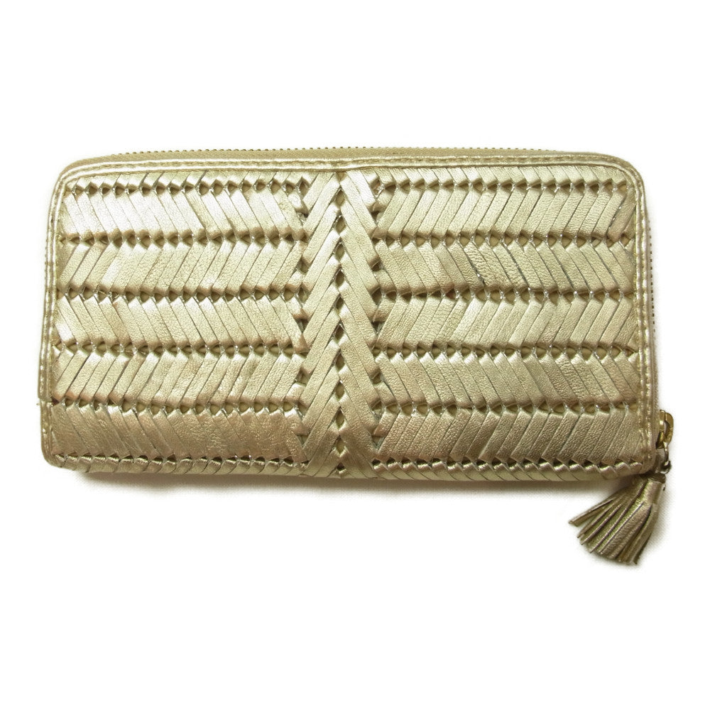 Anya Hindmarch アニヤ・ハインドマーチ Neeson Purse Gold リボン レザー ロング ウォレット ラウンドファスナー 長財布 ゴールド系【中古】