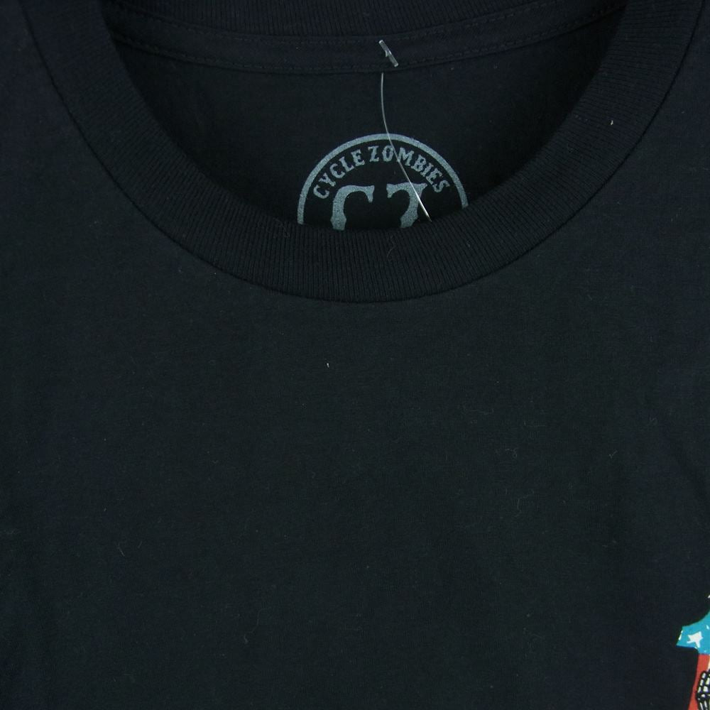 サイクルゾンビーズ ワンポイント ロゴ クルーネック プリント 半袖 Tシャツ ブラック系 L【新古品】【未使用】【中古】