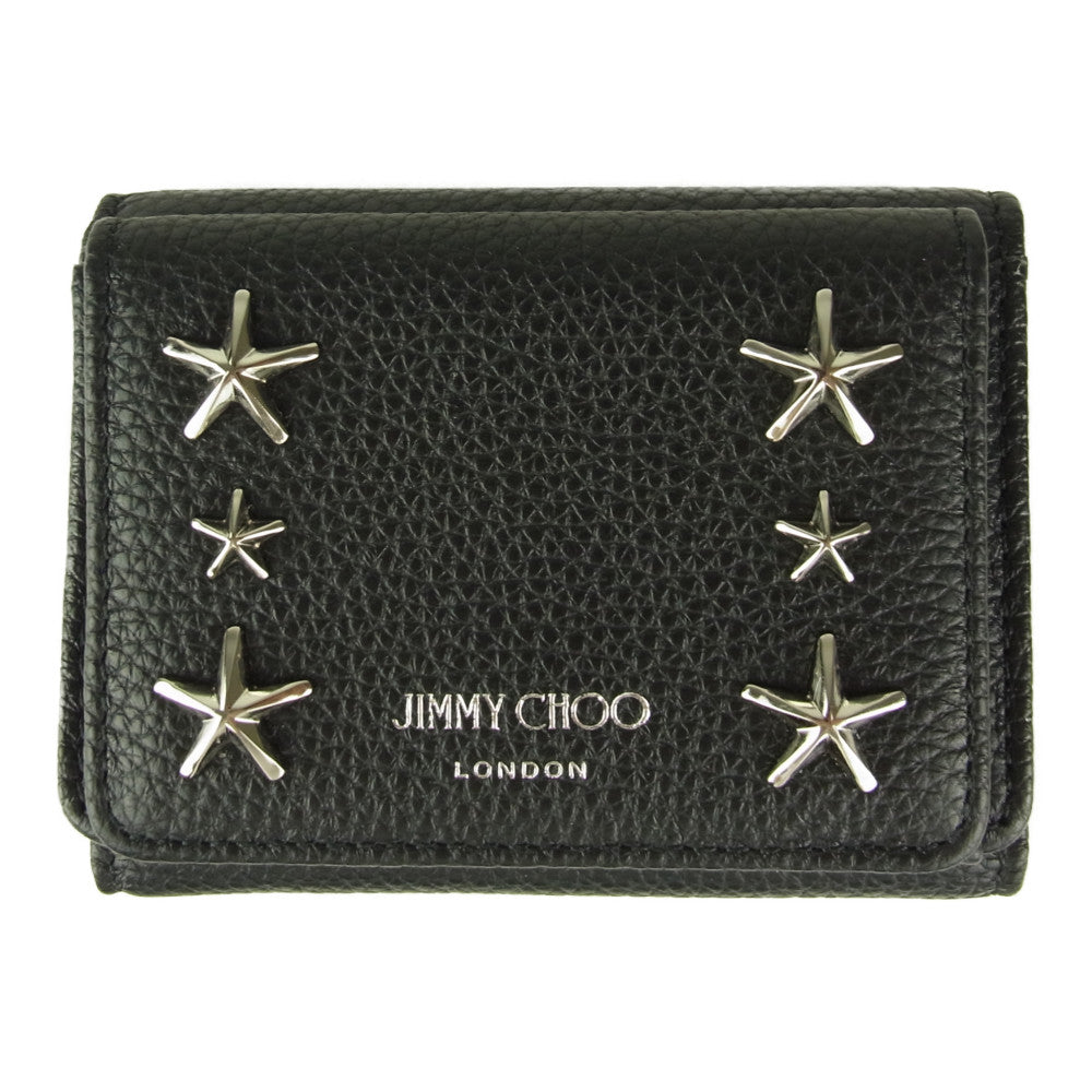 JIMMY CHOO ジミーチュウ NEMOUUF 14503798 NEMO SOFT GRAINY CALF W/STARS ネモ ソフトグレインカーフ スター スタッズ コンパクト ミニ ウォレット 三つ折り 財布  ブラック系【美品】【中古】