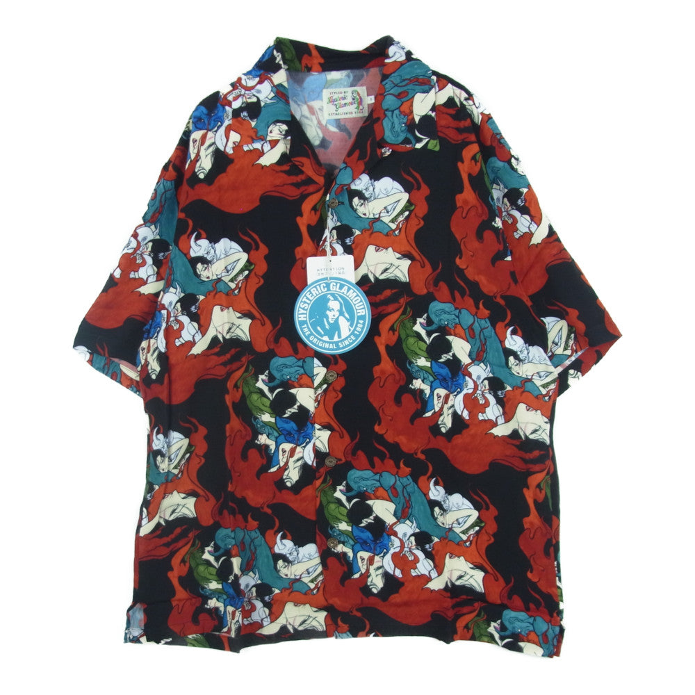 HYSTERIC GLAMOUR ヒステリックグラマー 02202AH09 上村一夫 DEVILISH FLAME柄 レーヨン アロハシャツ 半袖 シャツ ブラック系 レッド系 S【新古品】【未使用】【中古】