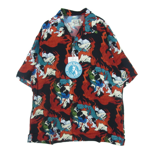 HYSTERIC GLAMOUR ヒステリックグラマー 02202AH09 上村一夫 DEVILISH FLAME柄 レーヨン アロハシャツ 半袖 シャツ ブラック系 レッド系 S【新古品】【未使用】【中古】