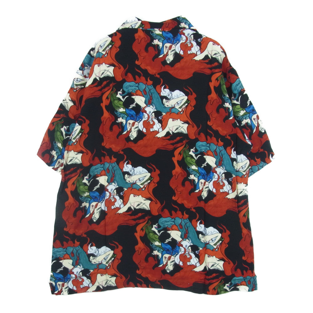 HYSTERIC GLAMOUR ヒステリックグラマー 02202AH09 上村一夫 DEVILISH FLAME柄 レーヨン アロハシャツ 半袖 シャツ ブラック系 レッド系 S【新古品】【未使用】【中古】