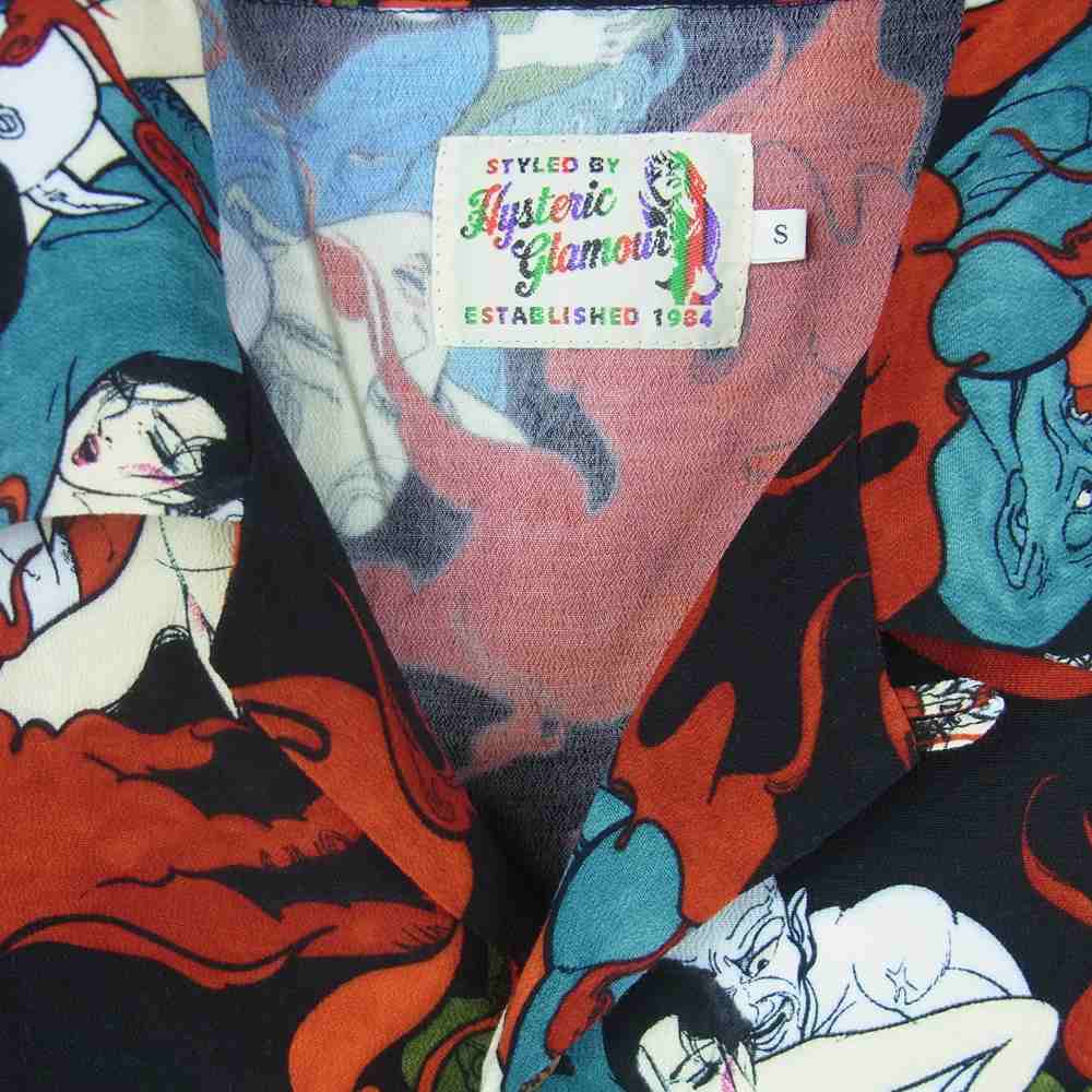 HYSTERIC GLAMOUR ヒステリックグラマー 02202AH09 上村一夫 DEVILISH FLAME柄 レーヨン アロハシャツ 半袖 シャツ ブラック系 レッド系 S【新古品】【未使用】【中古】