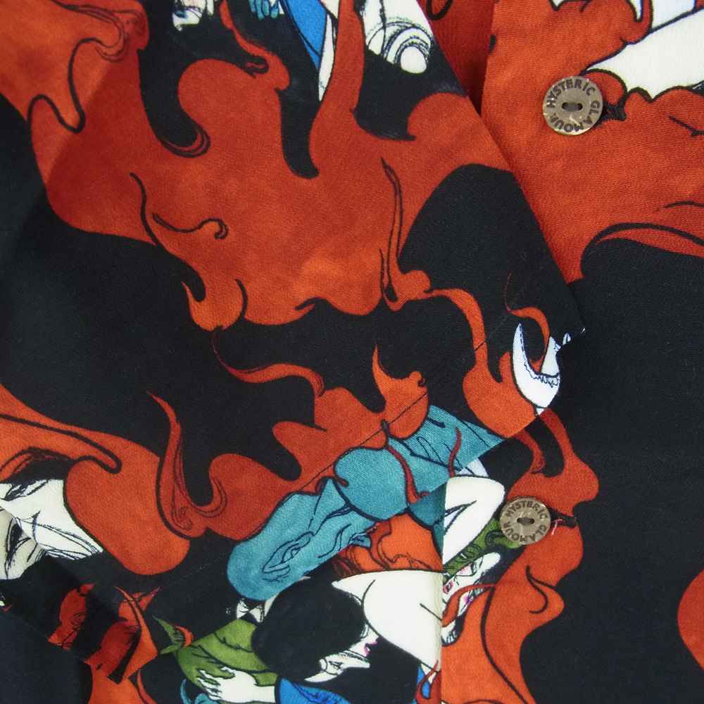 HYSTERIC GLAMOUR ヒステリックグラマー 02202AH09 上村一夫 DEVILISH FLAME柄 レーヨン アロハシャツ 半袖 シャツ ブラック系 レッド系 S【新古品】【未使用】【中古】