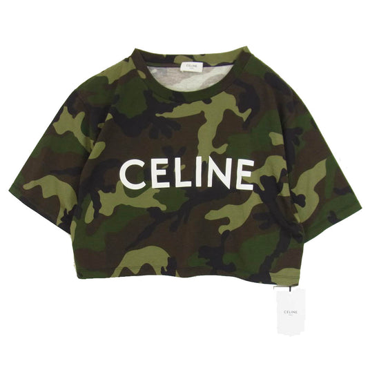 CELINE セリーヌ 2X761503P ロゴプリント クロップド カモ 半袖 Tシャツ カットソー カーキ系 S【新古品】【未使用】【中古】