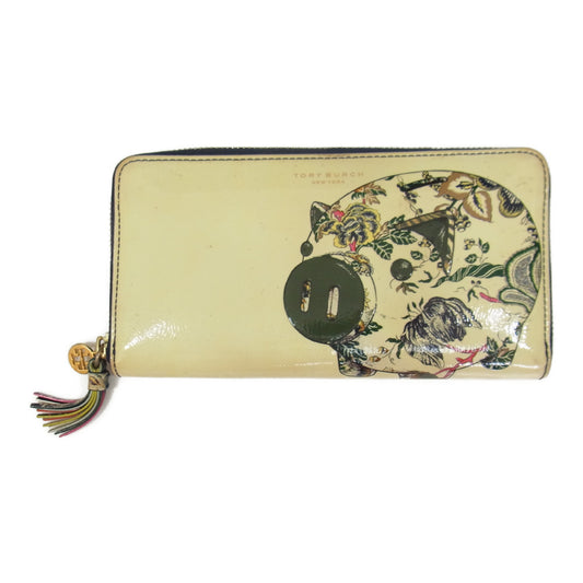 Tory Burch トリーバーチ パテントレザー ペギー ザ ピッグ ブタ 豚 コンチネンタル ウォレット オフホワイト系【中古】