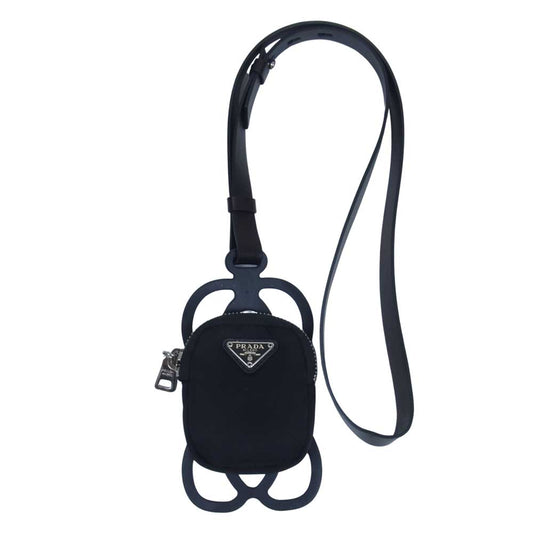 PRADA プラダ 20SS 1ZT001 ナイロンポーチ  ロゴプレート ネックストラップ スマホケース ブラック系【美品】【中古】