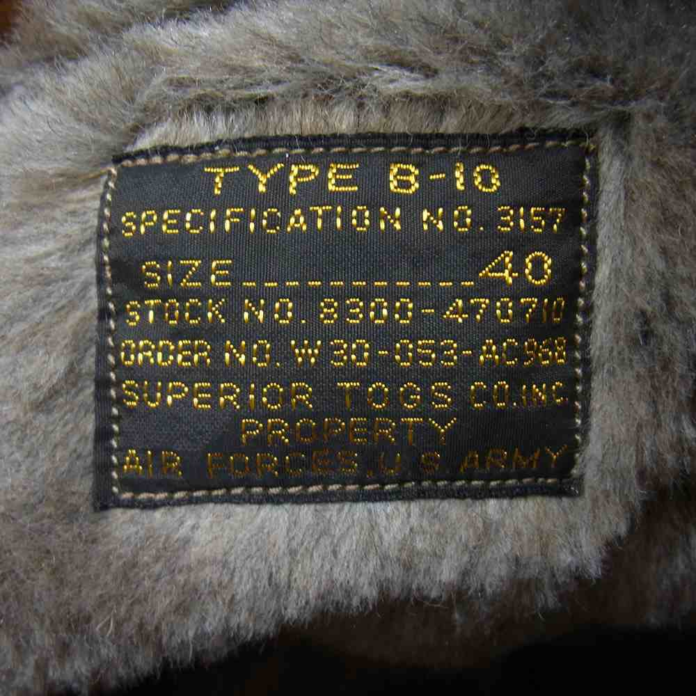 Buzz Rickson's バズリクソンズ BR14502 Type B-10 SUPERIOR TOGS CORP 実名復刻 赤リブ ボア ミリタリー フライト ジャケット モスグリーン系 40【新古品】【未使用】【中古】