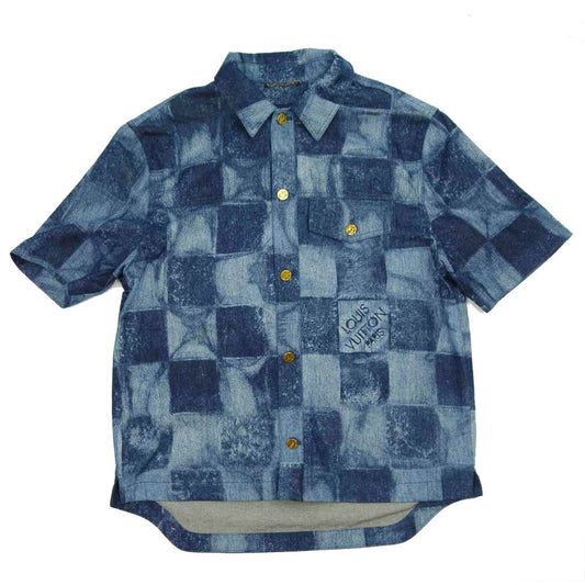 LOUIS VUITTON ルイ・ヴィトン ダミエ ソルト プリント 半袖 デニム シャツ インディゴブルー系 XL【美品】【中古】