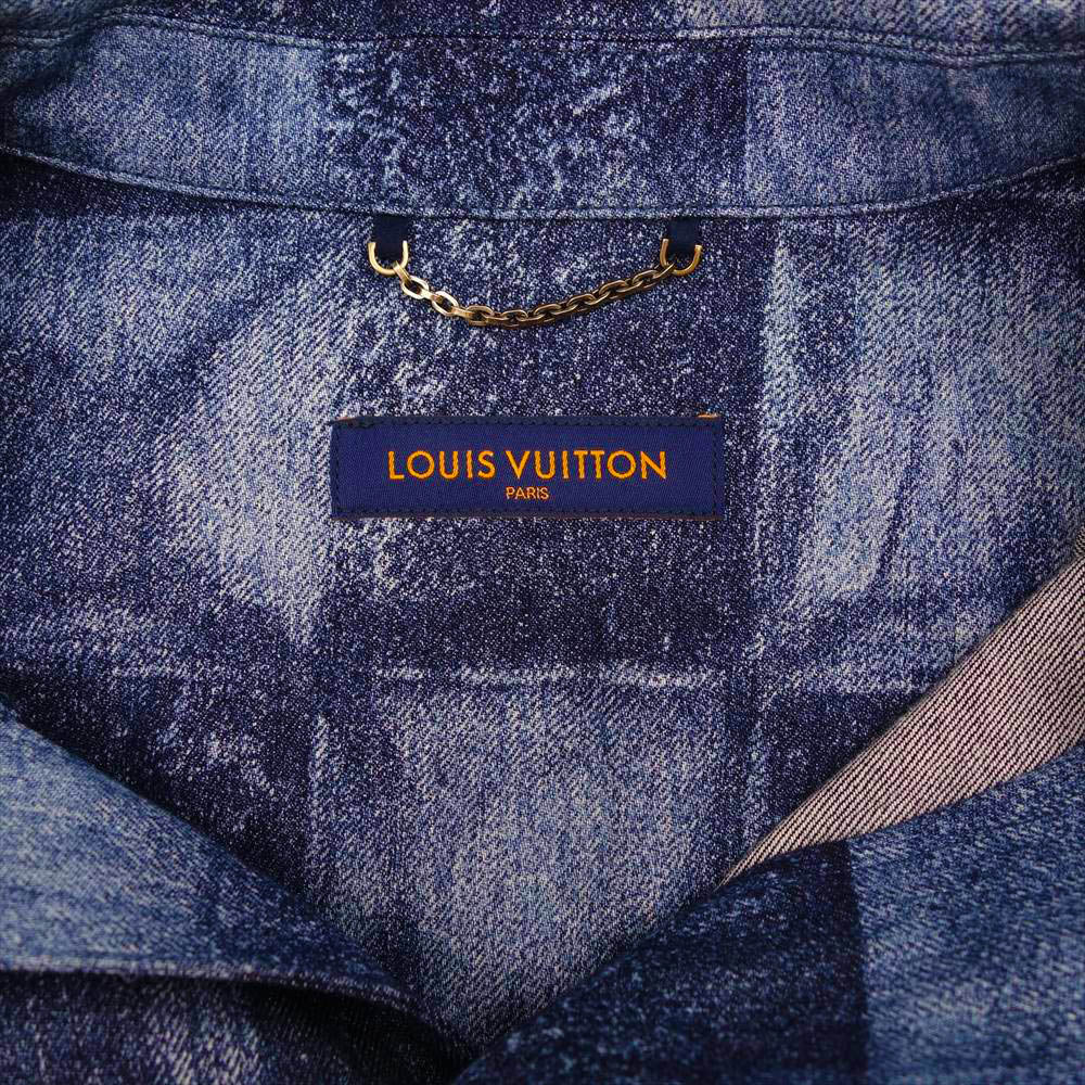 LOUIS VUITTON ルイ・ヴィトン ダミエ ソルト プリント 半袖 デニム シャツ インディゴブルー系 XL【美品】【中古】