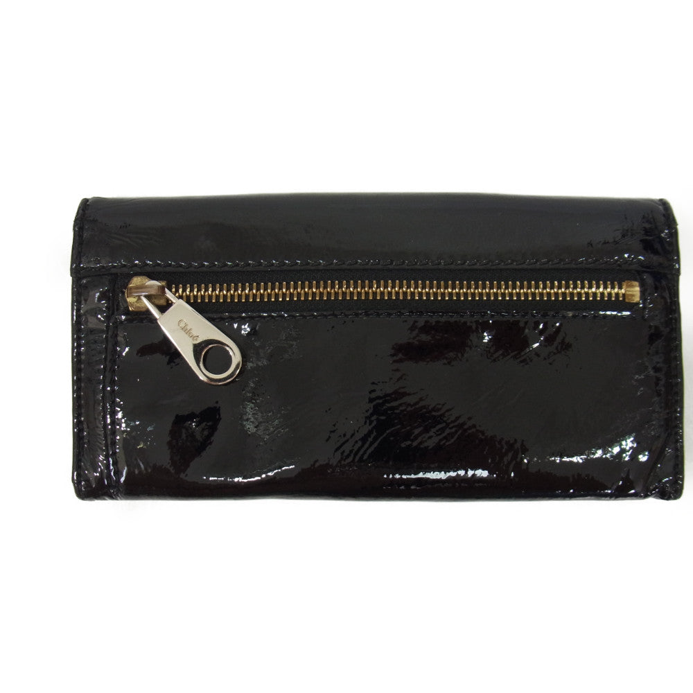 Chloe クロエ リボン フラップ エナメル 長財布 ウォレット ブラック系【中古】