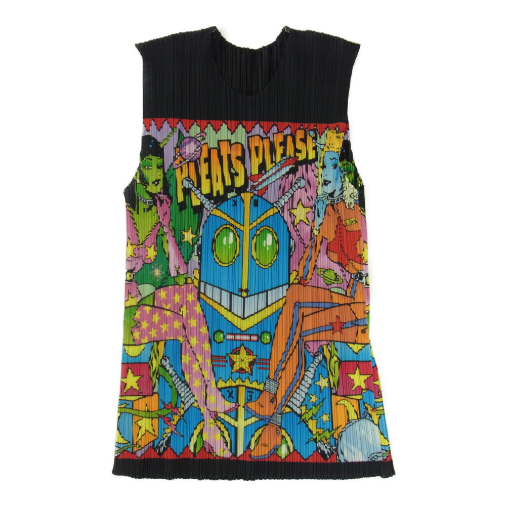 PLEATS PLEASE プリーツプリーズ イッセイミヤケ 99SS PP91-JK041 プリーツ加工 アメコミ転写 ノースリーブ カットソー マルチカラー系 3【美品】【中古】